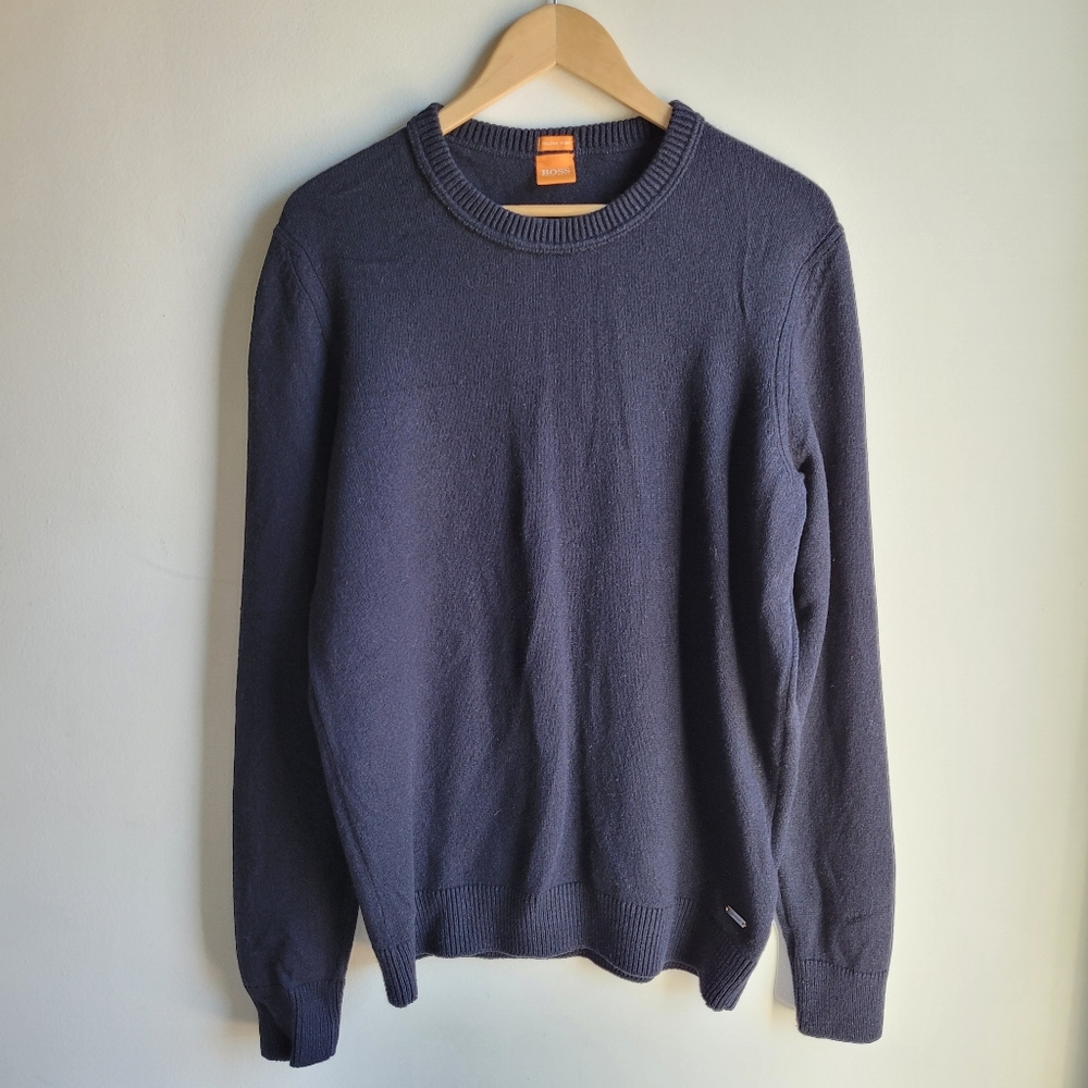 HUGO BOSS ORANGE Amidro Wool Crew Neck Jumper Knit Sweater Navy Blue Large